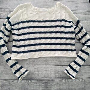 Pink Rose White Blue Stripes Cropped Rolled Hem Sweater Size Small